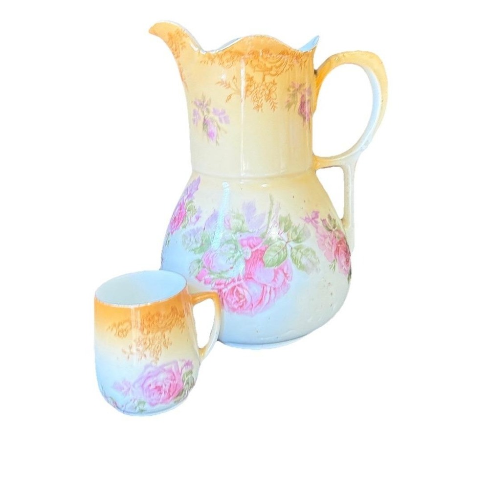 Hermann Ohme Silesia Water Pitcher & Cup Antique Old Florals Rose